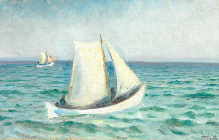 Barche bianche in mare sotto il sole. Skagen. -Michael Peter Ancher