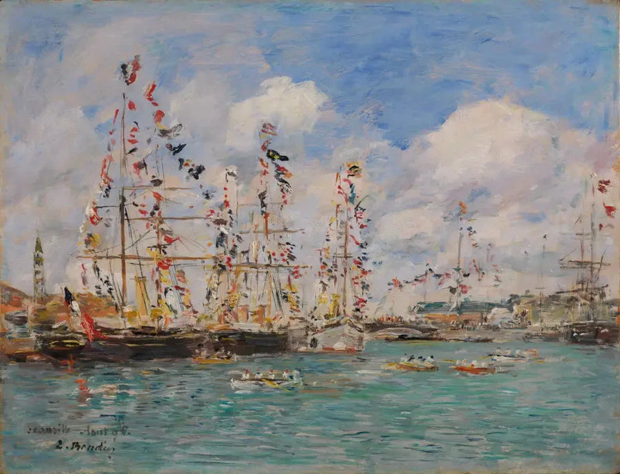 Barche decorate con bandiere nel porto di Deauville - Eugène Boudin