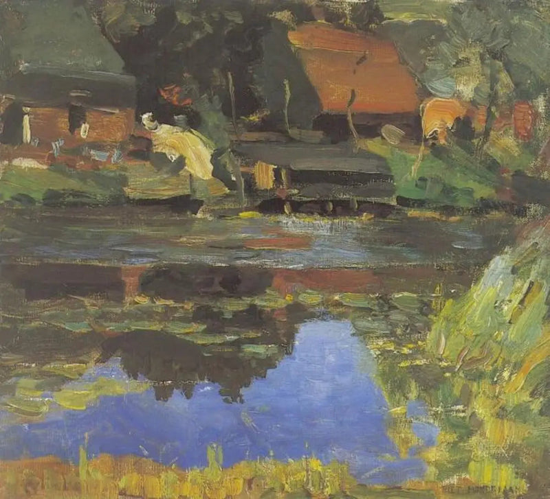 Edifici al bordo dell'acqua con un lavatoio - Piet Mondrian