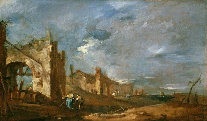 Edifici in rovina e personaggi sul bordo della laguna - Francesco Guardi