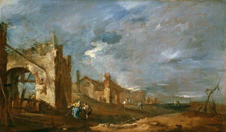 Edifici in rovina e personaggi sul bordo della laguna - Francesco Guardi