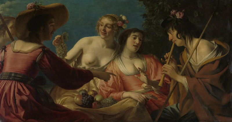 Berger jouant de la flûte e quattro pastorelle - Gerrit van Honthorst
