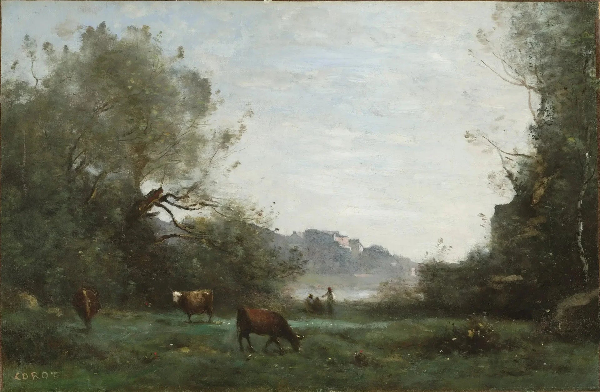 Bétail au pâturage dans une vallée boisée - Jean-Baptiste Camille Corot image 1 copie de tableau peinte à la main