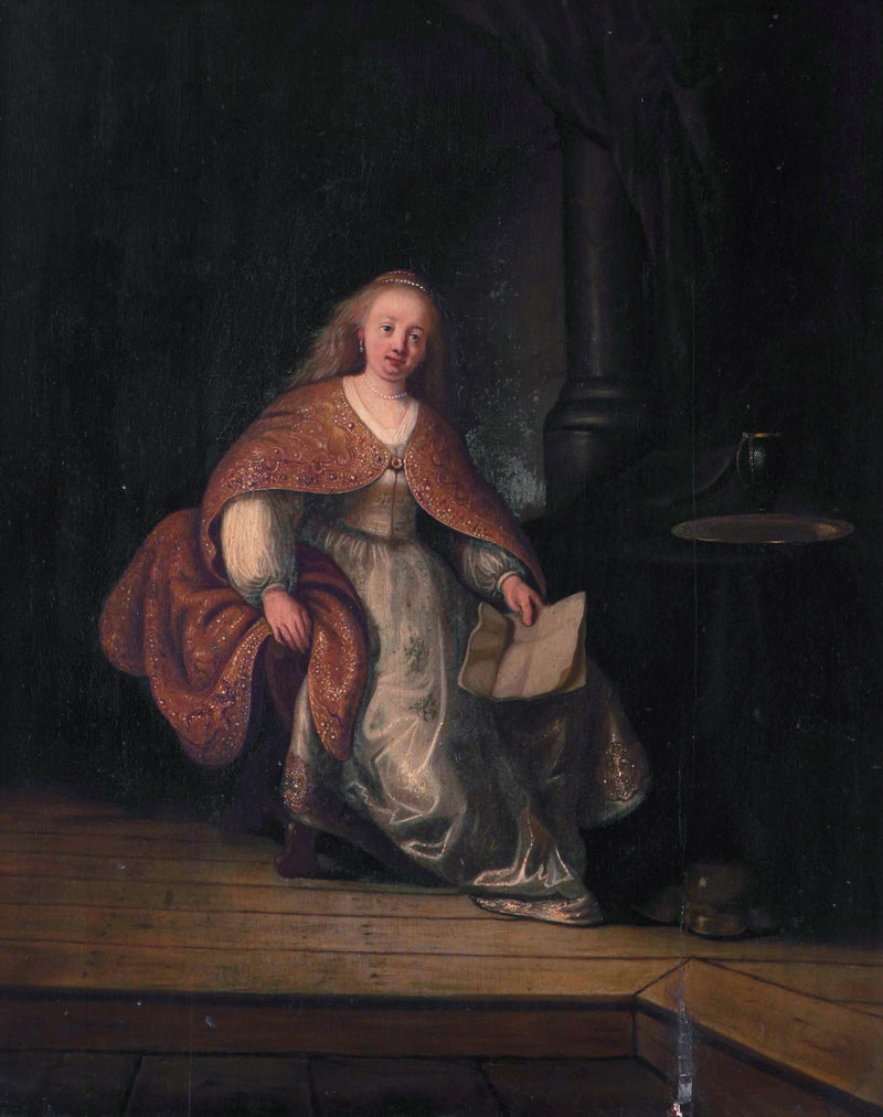 Saskia che indossa un ricco abito come Betsabea (da sola) con la lettera di Davide - Rembrandt