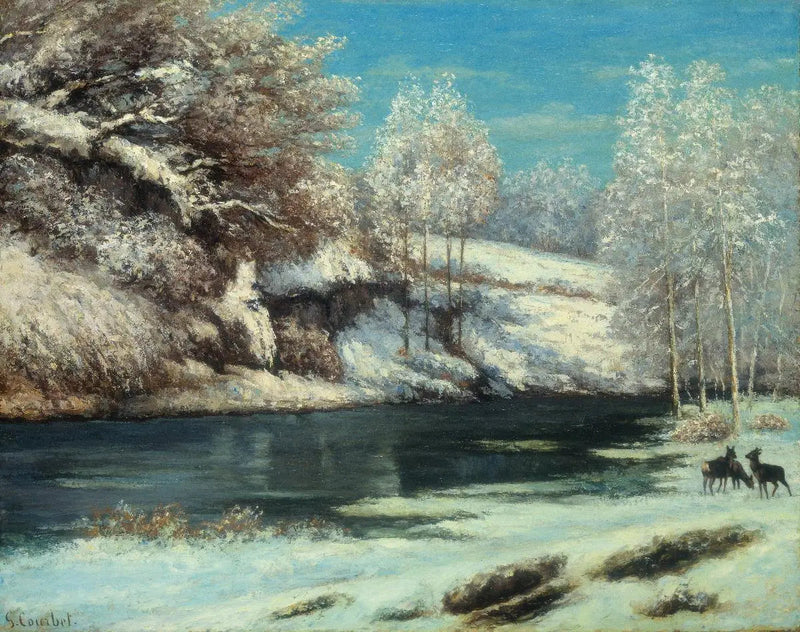 Cervi e caprioli vicino a un fiume - Gustave Courbet
