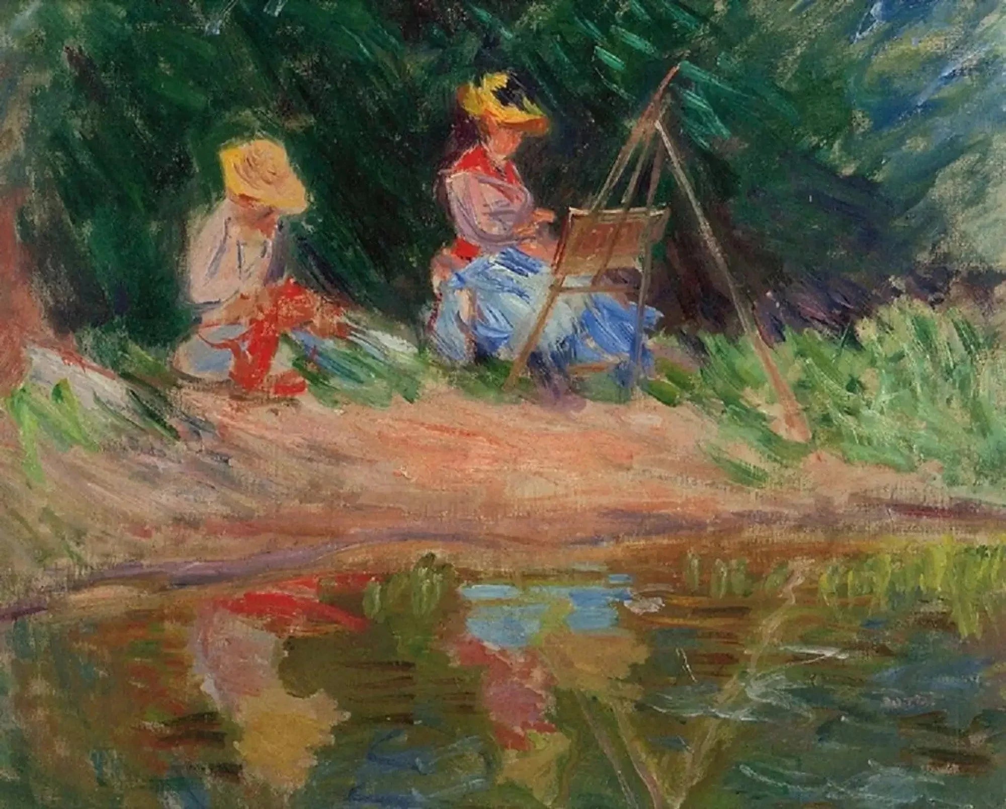 Blanche Monet peignant avec sa sœur Suzanne au bord de l’eau W1149 par Claude Monet