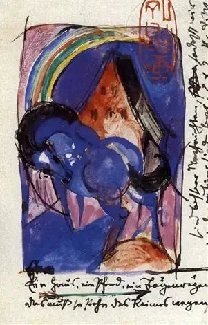 Blaues Pferd, rotes Haus und Regenbogen - Franz Marc image 1 reproduction d’œuvre d’art à l’huile