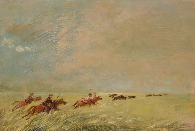 Bogard, Batiste e io che cacciamo il bisonte tra l'erba alta sullo sfondo del Missouri - George Catlin