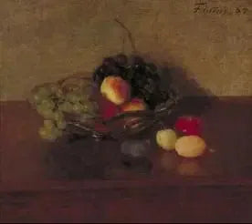 Vaso di vetro con uva bianca e blu, pesche e prugne - Henri Fantin-Latour