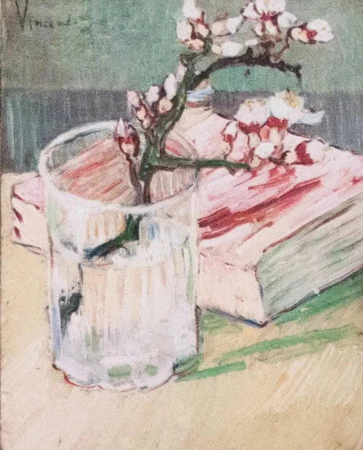 Ramo di mandorlo in fiore in un bicchiere con un libro - Vincent van Gogh