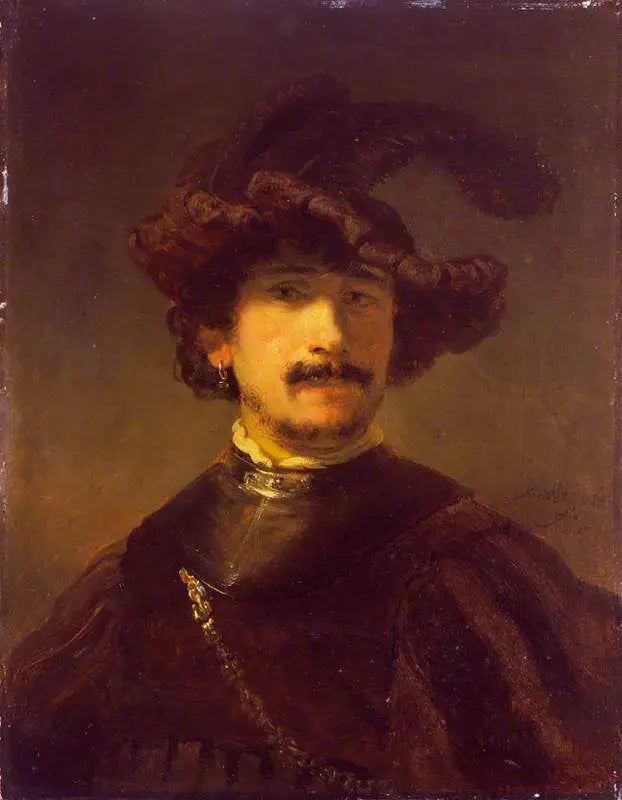 Busto di uomo con gorgera e cappello di piume - Rembrandt