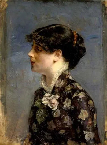 Busto di una giovane bruna di profilo, a sinistra, in camicetta floreale - Giovanni Boldini