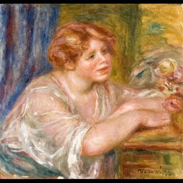 Busto di giovane ragazza che guarda i fiori - Pierre-Auguste Renoir