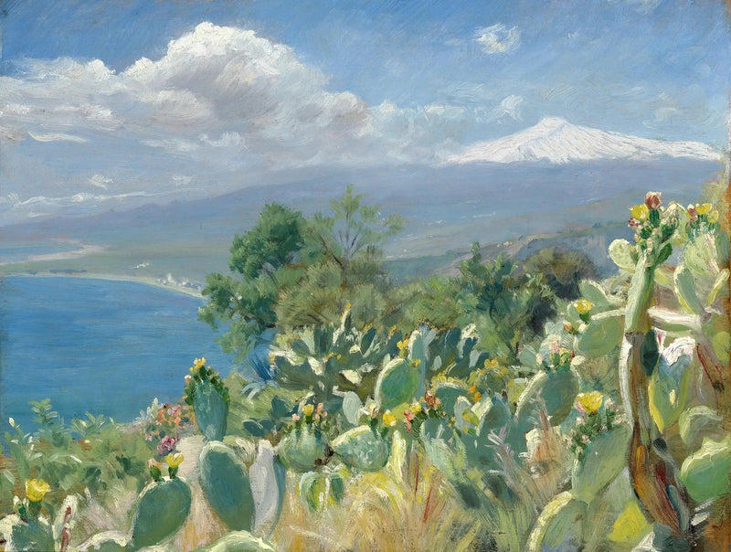 Cactus fiorenti vicino a Toarmina. Sullo sfondo, l'Etna coperto di neve. - Peder Severin Krøyer