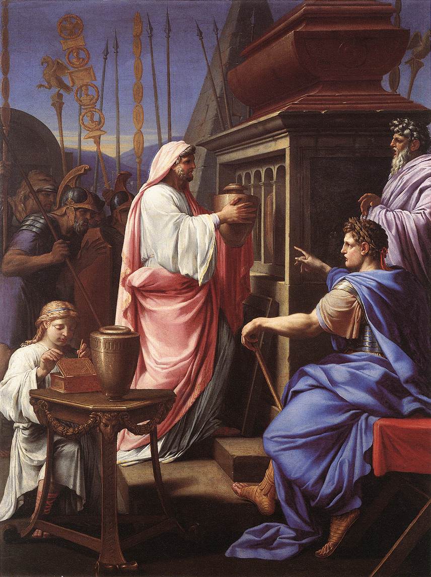 Caligula déposant les cendres de sa mère et de son frère dans la tombe de ses ancêtres - Eustache Le Sueur image 1 reproduction artisanale de tableau