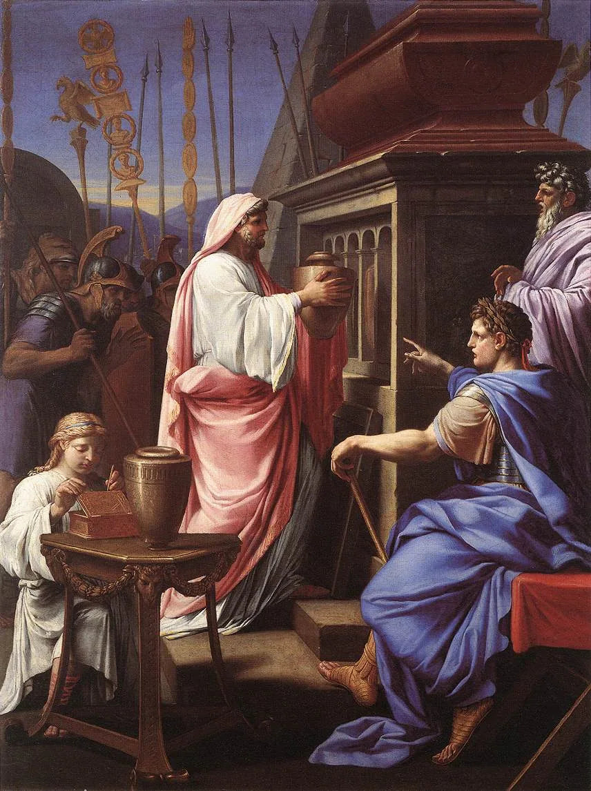 Caligula deposando las cenizas de su madre y de su hermano en la tumba de sus antepasados - Eustache Le Sueur