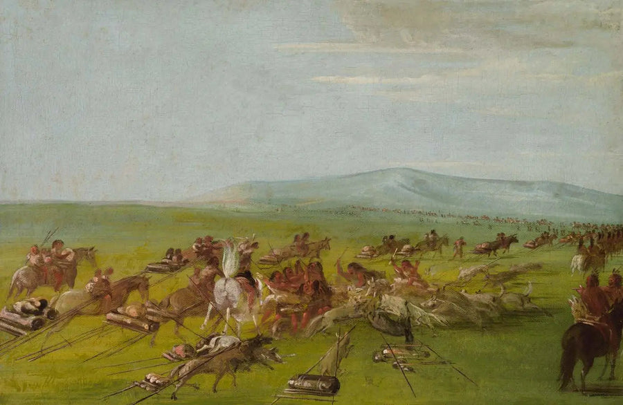 Accampamento Comanche in movimento, combattimento tra cani in viaggio - George Catlin
