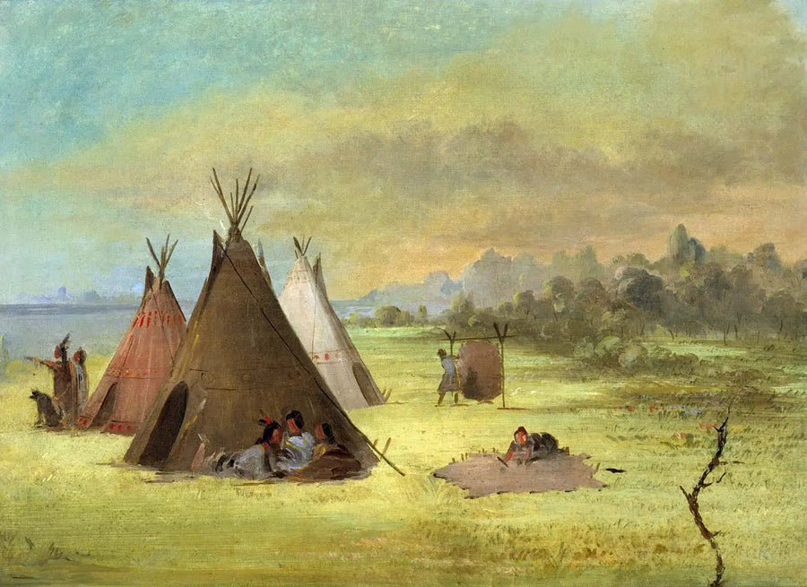 Accampamento indiano, Comanche (o Kiowa) che prepara pelli, Rivière Rouge - George Catlin