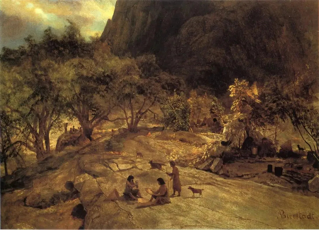 Campement indien de Mariposa, vallée de Yosemite, Californie - Albert Bierstadt image 1 tableau peint à l’huile sur toile