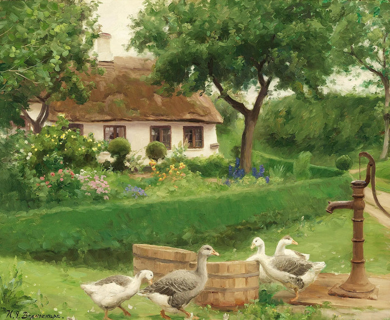Anatre a una pompa d'acqua dietro una fattoria con tetto di paglia. - H. A. Brendekilde