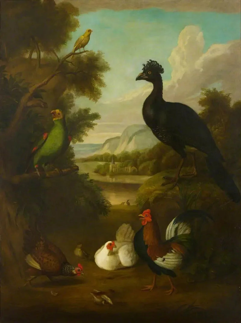 Canarini, pappagallo verde e altri uccelli in un paesaggio - Tobias Stranover