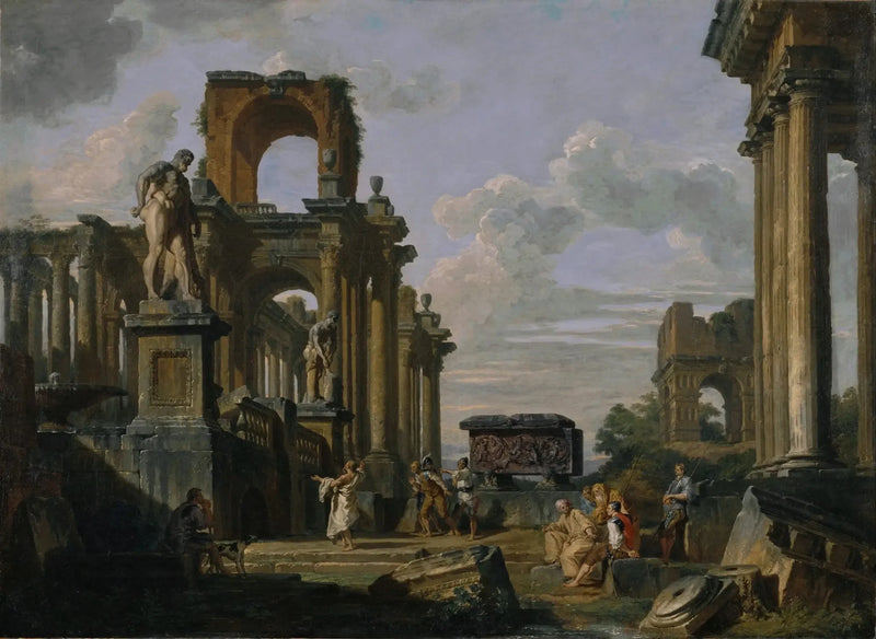 Capriccio architettonico del Foro Romano con filosofi e soldati tra rovine antiche, tra cui l'arco di Janus Quadrifrons, la tomba di Santa Costanza, l'Hercule Farnese e Cincinnato - Giovanni Paolo Panini