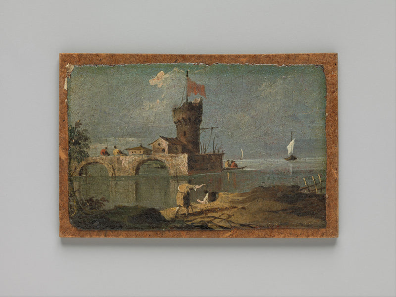 Capriccio avec une tour circulaire, deux maisons et un pont - Francesco Guardi