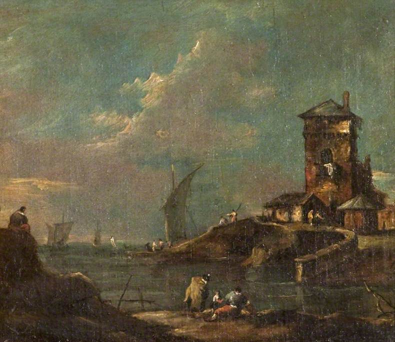 Capriccio con torre rustica, case e barche - Francesco Guardi