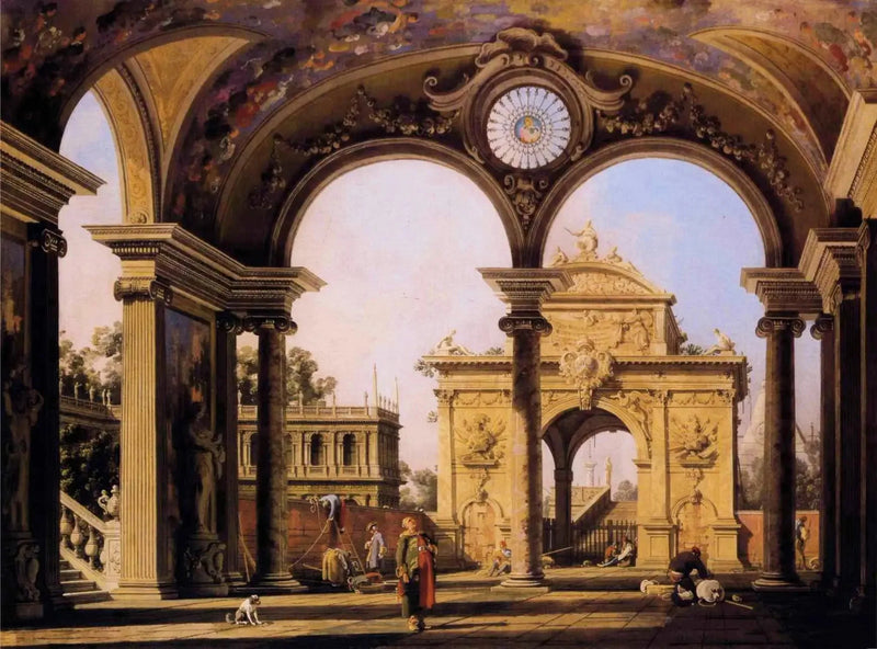 Capriccio con un arco di trionfo rinascimentale visto dal portico di un palazzo - Canaletto