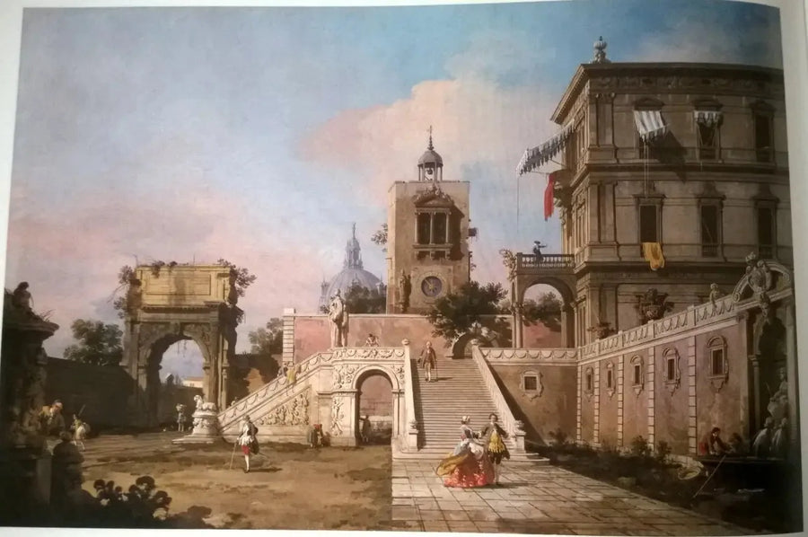 Capriccio di un palazzo rinascimentale con una scalinata monumentale, una torre dell'orologio e l'arco di Tito oltre - Canaletto