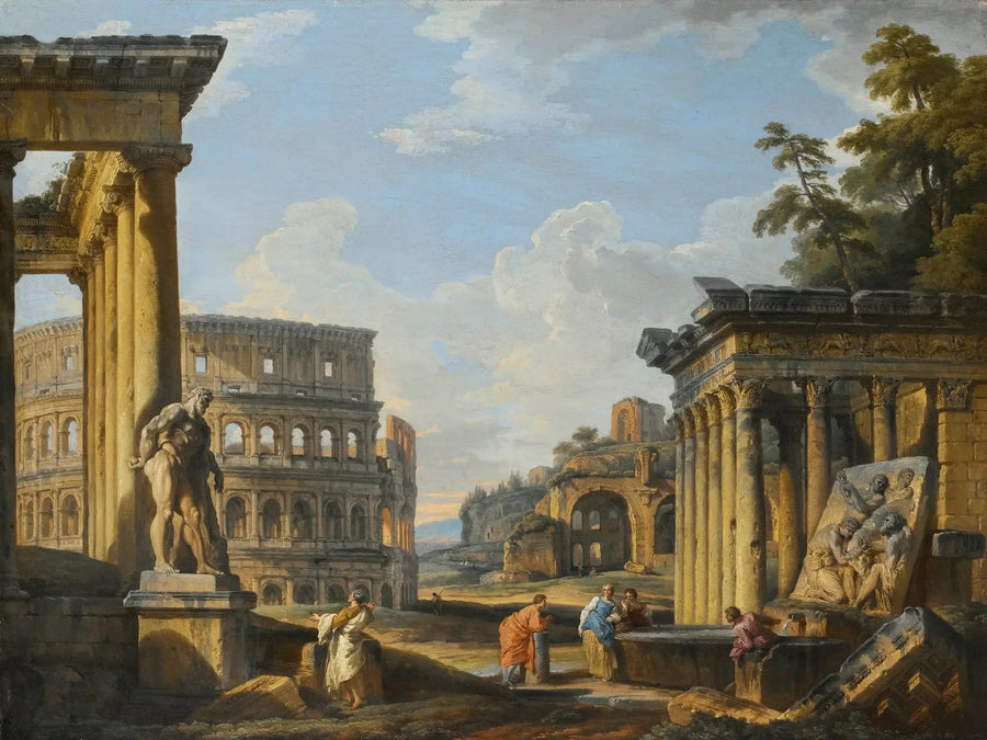 Capriccio di rovine classiche con il tempio di Antonino e Faustina, il Colosseo, la basilica di Massenzio - Giovanni Paolo Panini