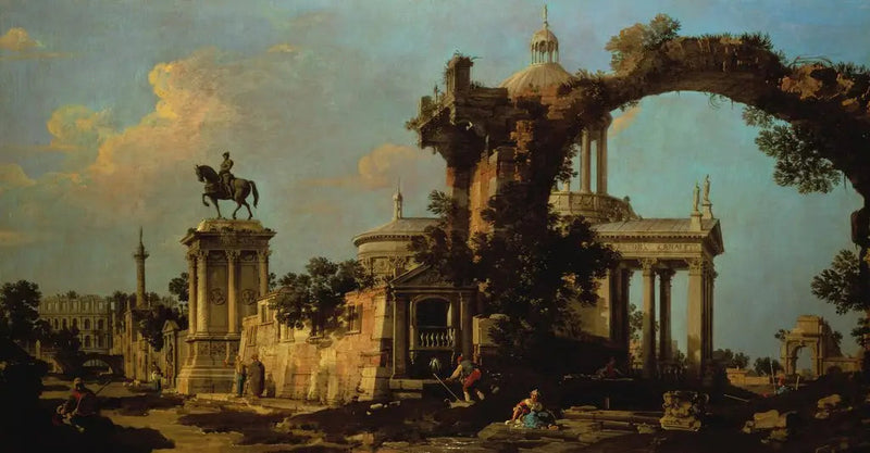 Capriccio de ruines romaines con una chiesa a cupola e il monumento Colleoni - Canaletto
