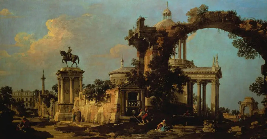 Capriccio de ruines romaines con una chiesa a cupola e il monumento Colleoni - Canaletto