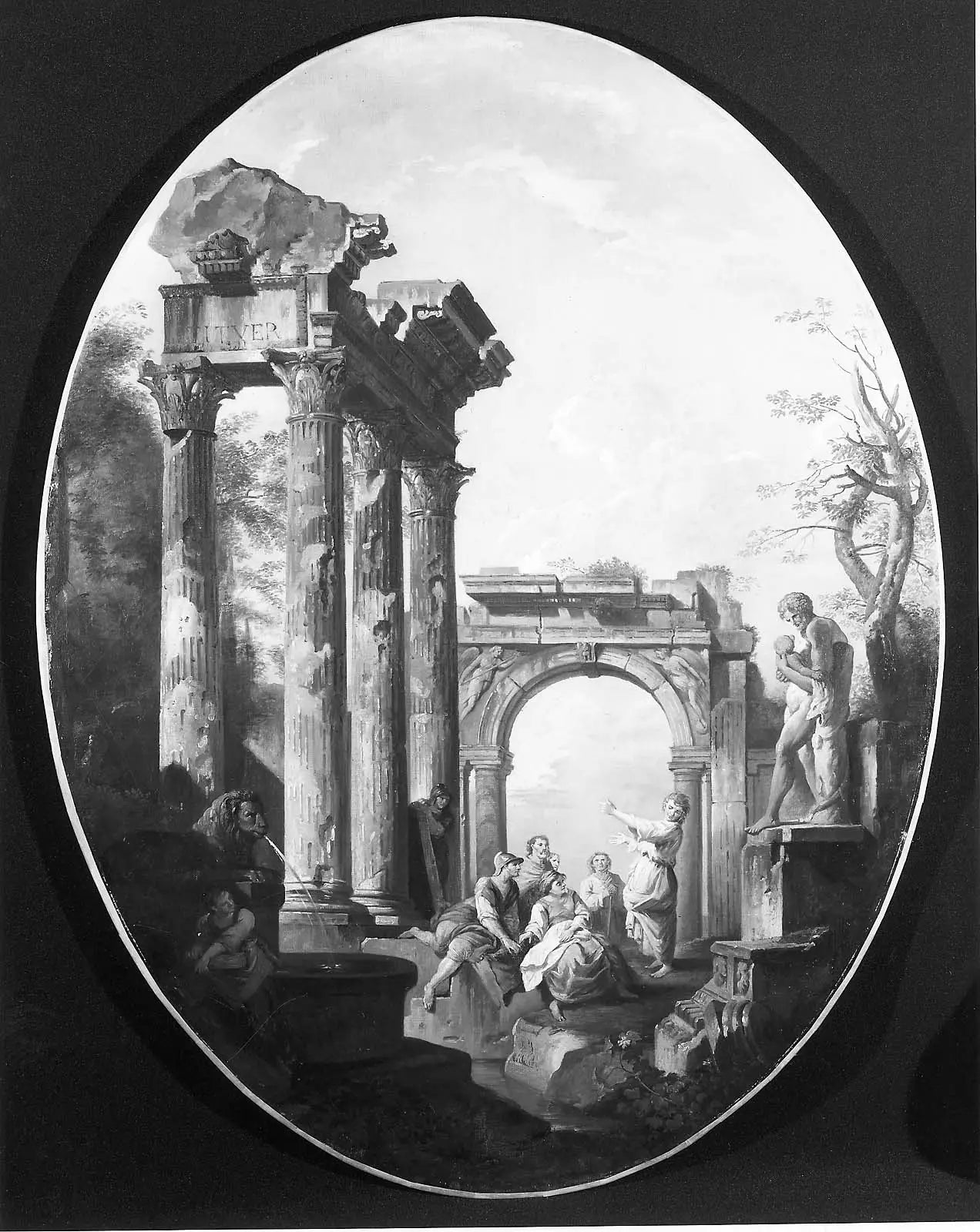 Capriccio de ruines romaines avec une statue de Silène et Dionysos - Giovanni Paolo Panini - Alpha Reproduction