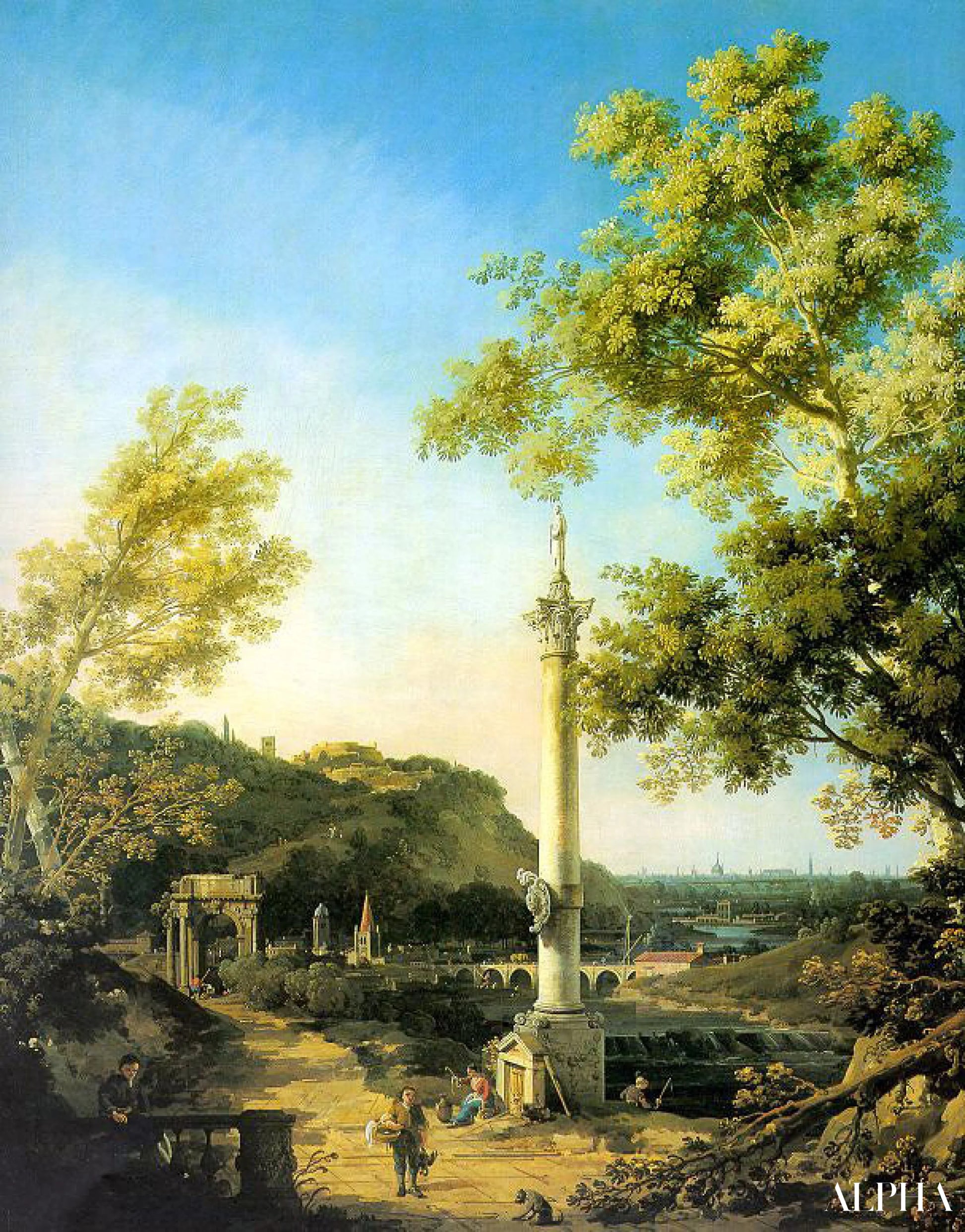 Capriccio: Paesaggio fluviale con una colonna - Giovanni Antonio Canal - Riproduzioni di quadri e dipinti di alta qualità