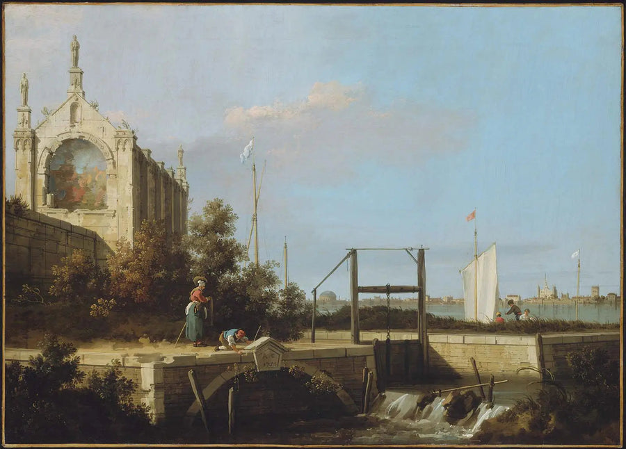 Capriccio : Una chiusa su un fiume con una cappella - Canaletto