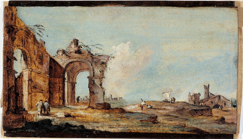 Caprice, con arco in rovina e case di pescatori - Francesco Guardi