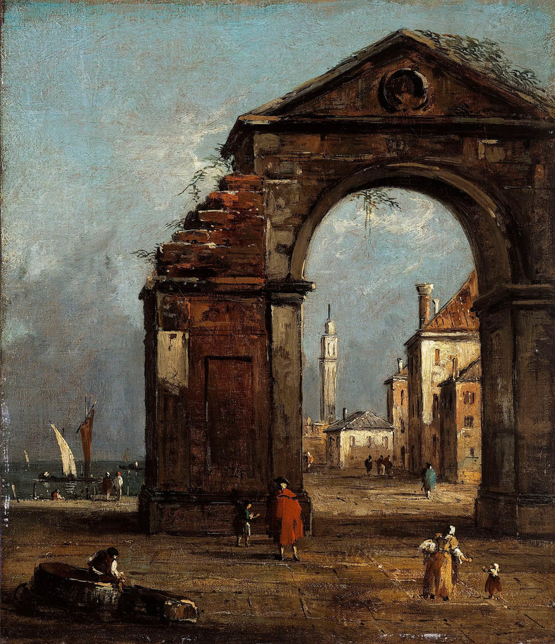 Caprice, con arco trionfale in rovina e paesaggio sul bordo della laguna - Francesco Guardi