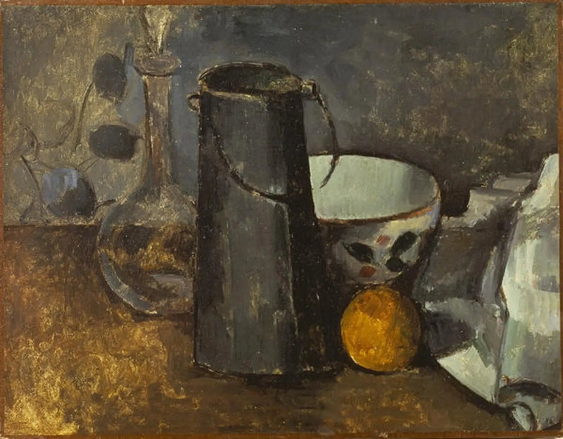 Caraffa, scatola del latte, ciotola e arancia - Paul Cézanne