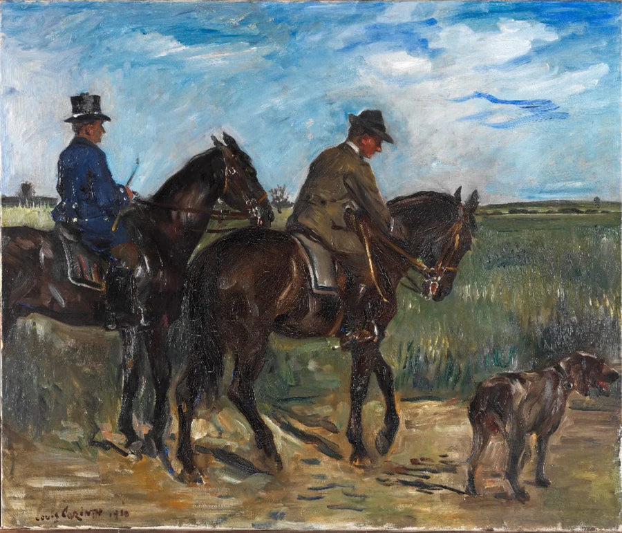 Cavaliere con stalliere e cane nella tenuta Klein-Niendorf nel Meclemburgo. - Lovis Corinth