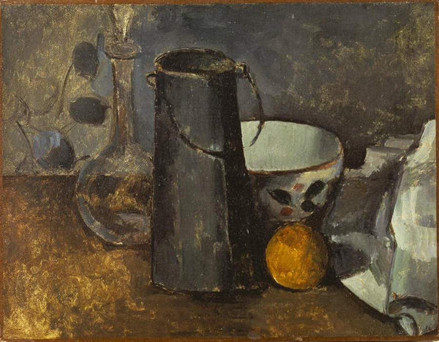 Caraffa, scatola del latte, ciotola e arancia - Paul Cézanne