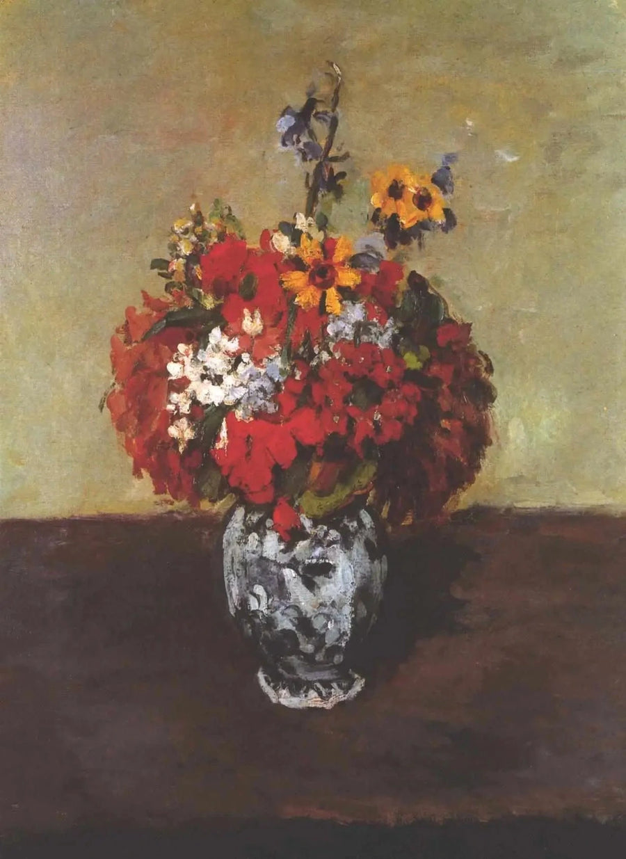 Gerani e delphinium in un piccolo vaso di Delft - Paul Cézanne