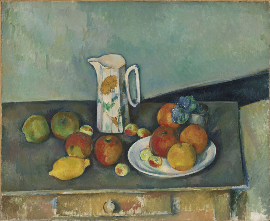 Natura morta, brocca di latte e frutta su un tavolo - Paul Cézanne