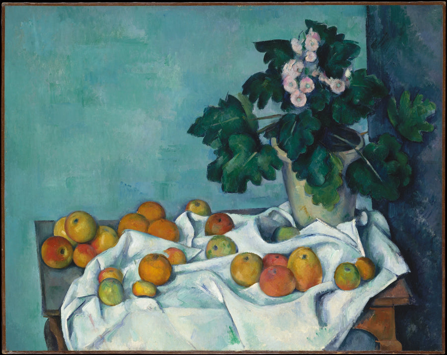 Vaso di primule e frutti su un tavolo - Paul Cézanne