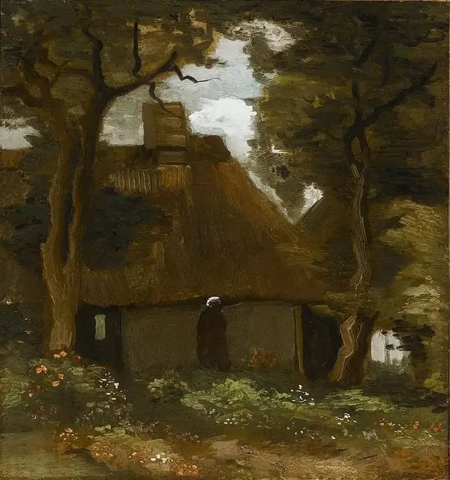 Chalet con alberi e contadina - Vincent van Gogh