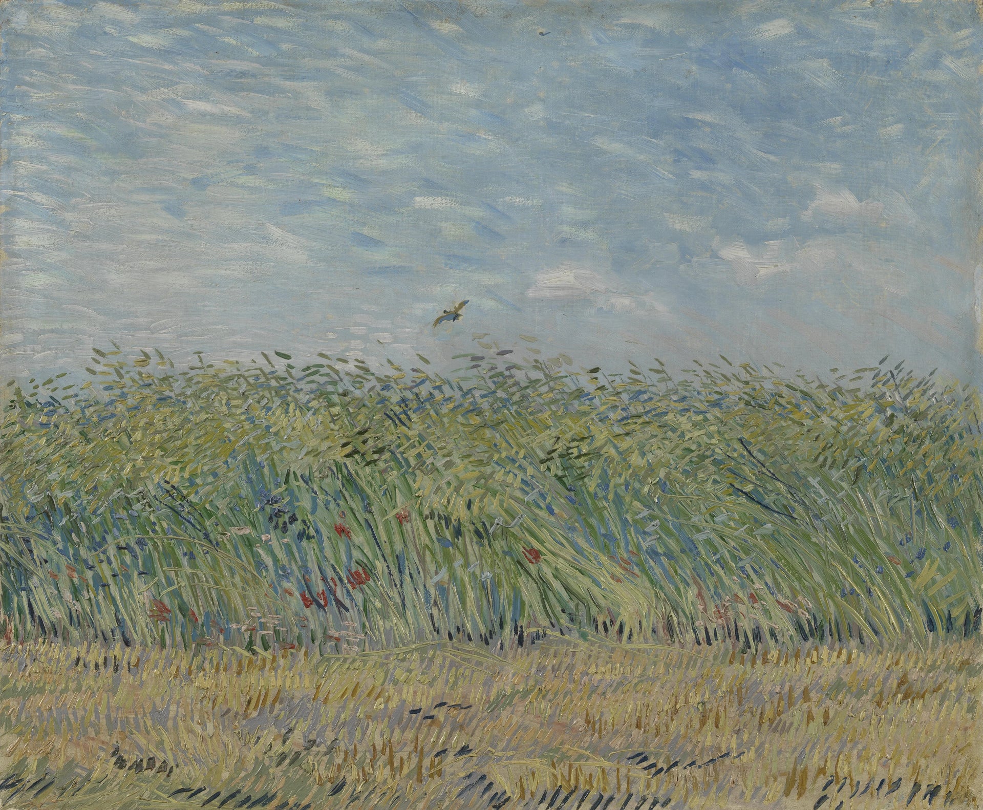 Champ de blé à l’alouette, F310 — détail des blés, fleurs et oiseau peint par Vincent van Gogh