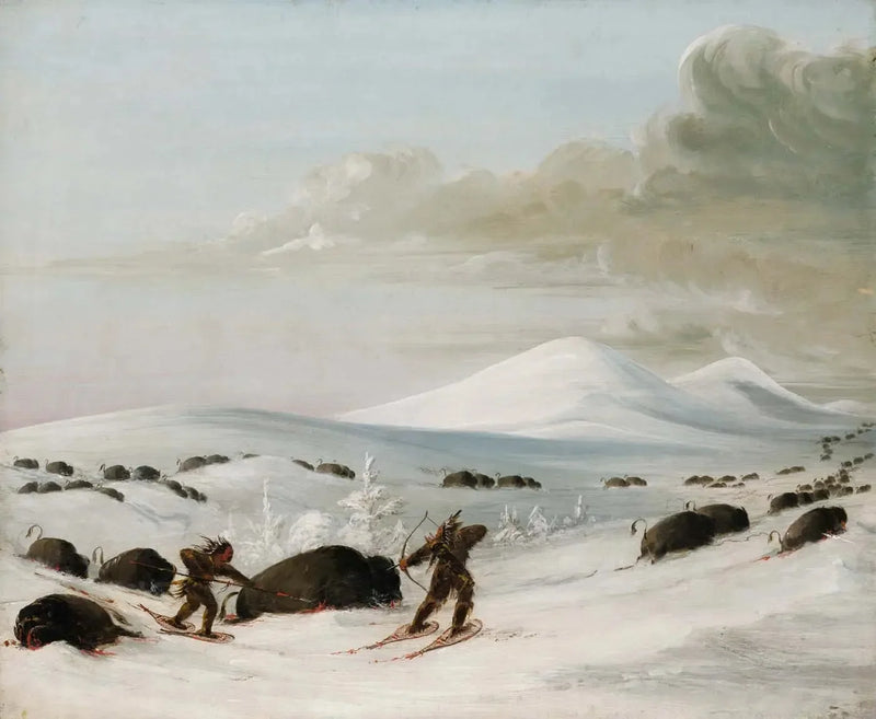 Caccia al bisonte nelle nevi, inseguimento da parte di indiani con racchette da neve - George Catlin