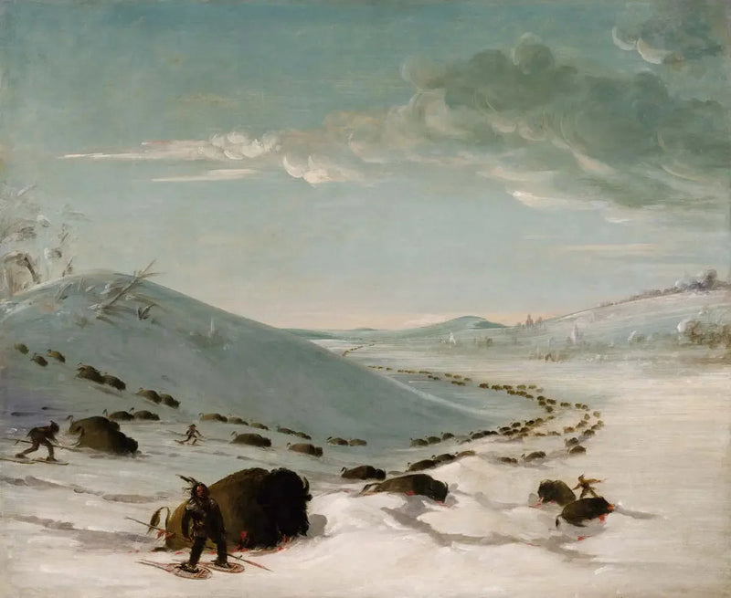Caccia al bisonte in inverno, Indiani con racchette da neve - George Catlin