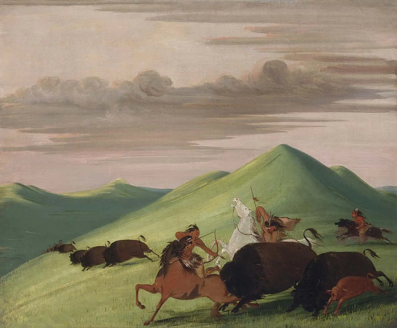 Caccia al bisonte, toro che protegge una mucca e il suo vitello - George Catlin