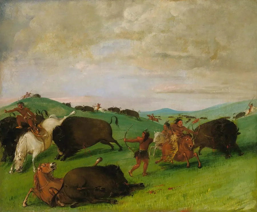 Caccia al bisonte, tori che combattono con uomini e cavalli - George Catlin